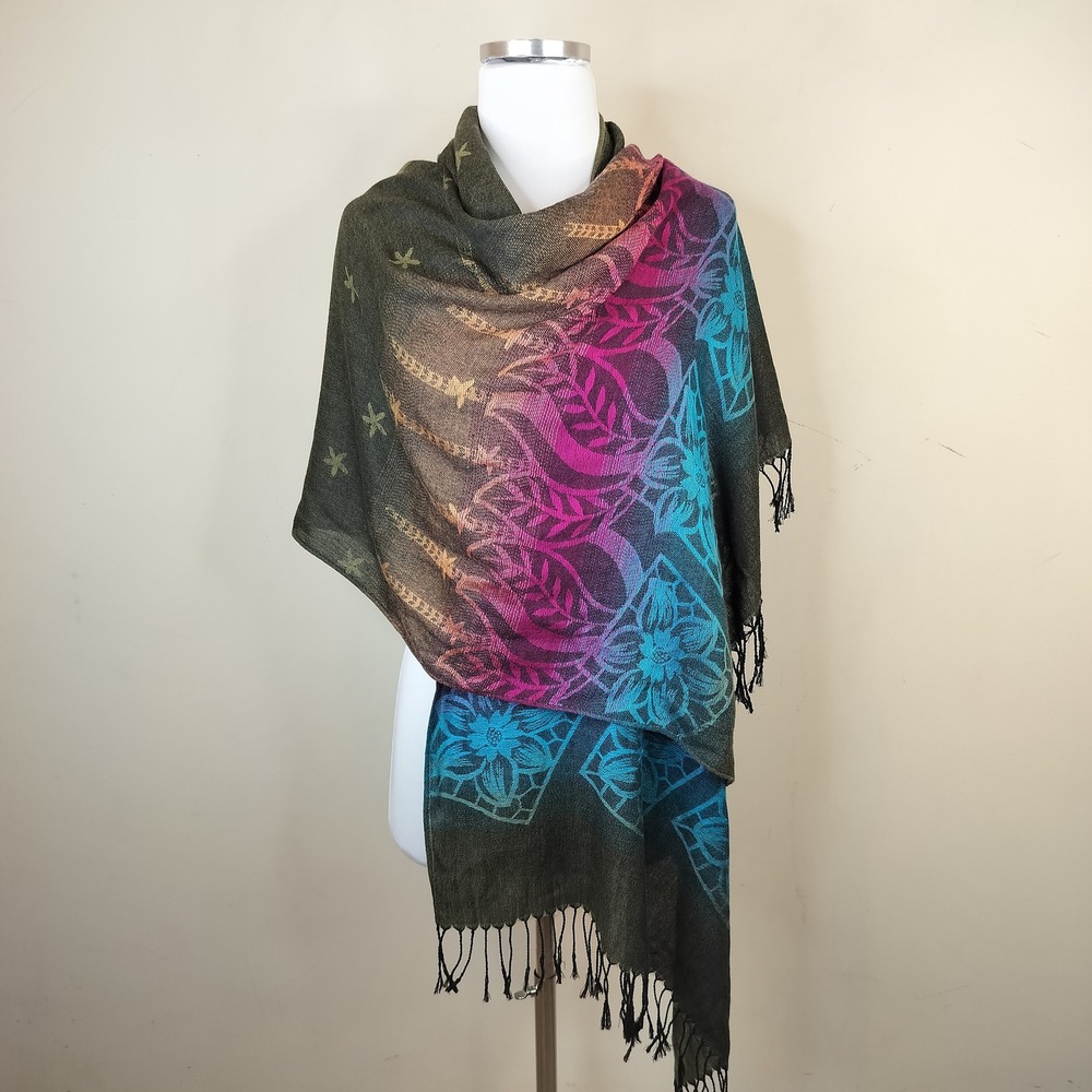 Pashmina Scarf Shawl Floral Star Fringe Ombre Colorful Green